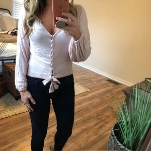 Light pink button up tie shirt